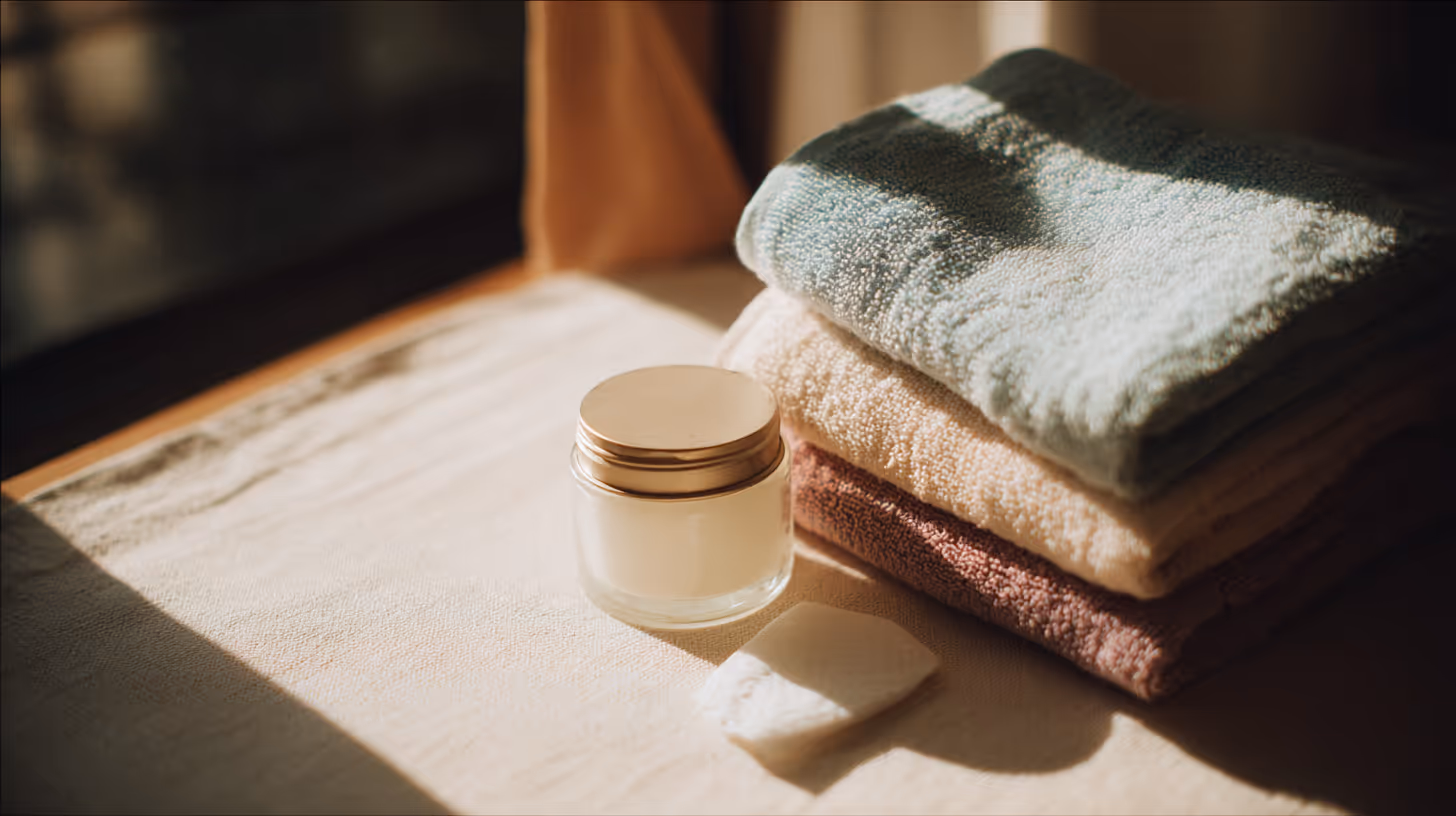 Stack of three folded towels in green, beige, and brown colors next to a small glass jar with a gold lid and a white soap bar on a beige surface.