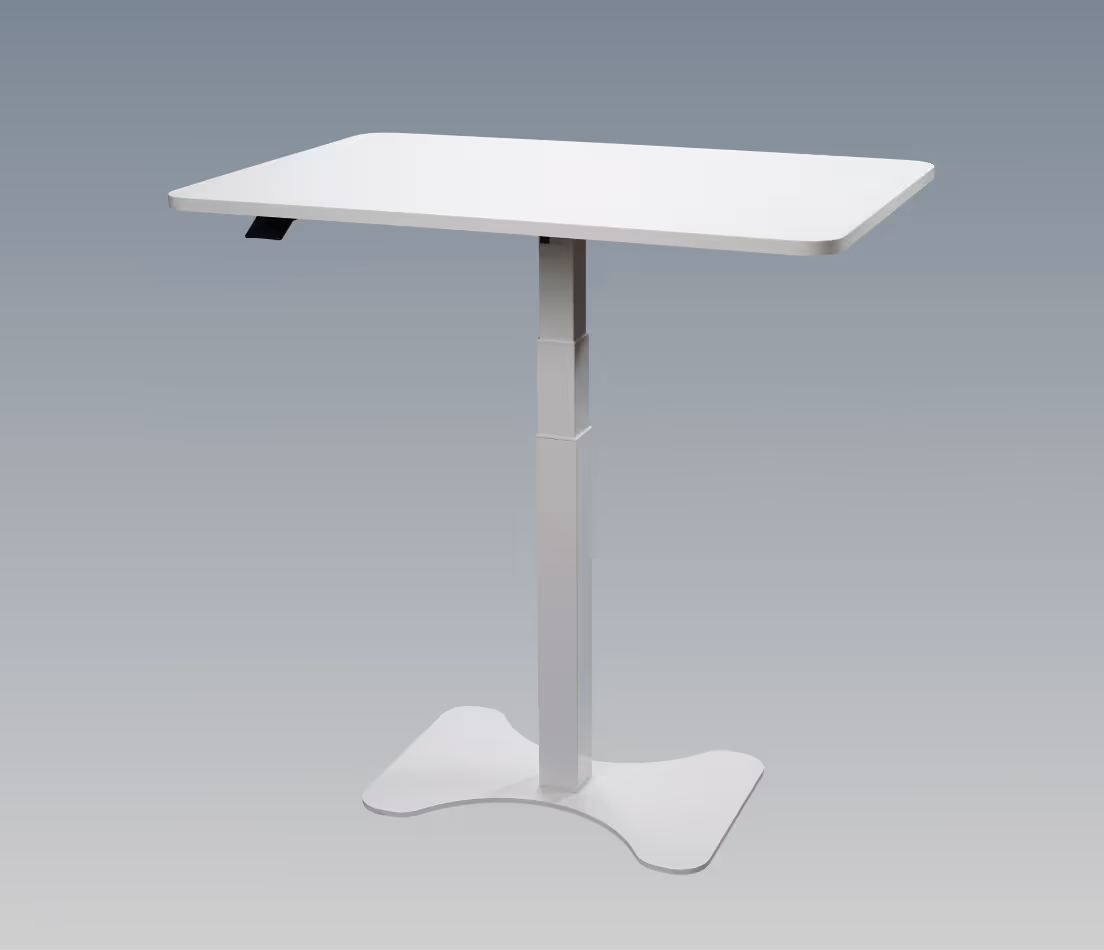 Freigestellter weißer myhomii Stehschreibtisch vor neutralem Hintergrund