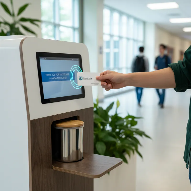 Student returning a reusable container to a smart return bin