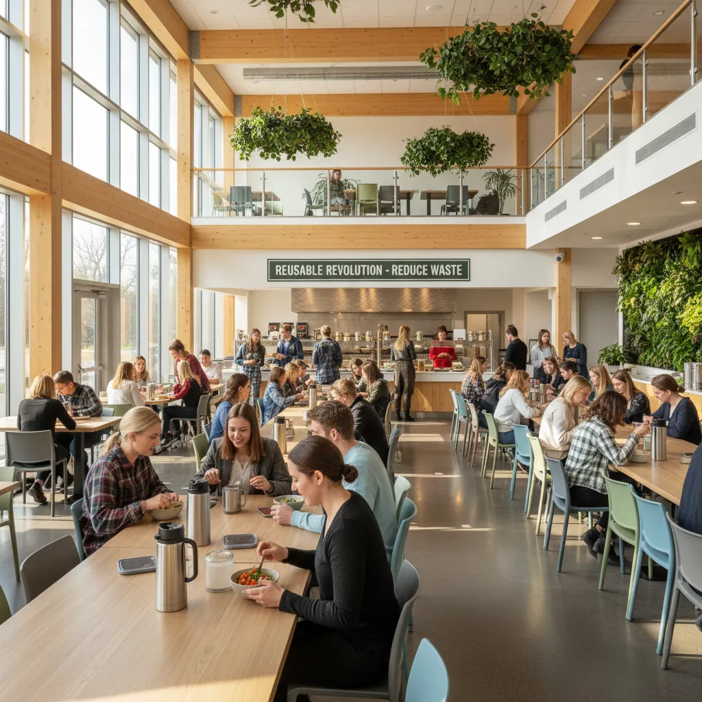 Students using reusable containers in a modern university dining hall