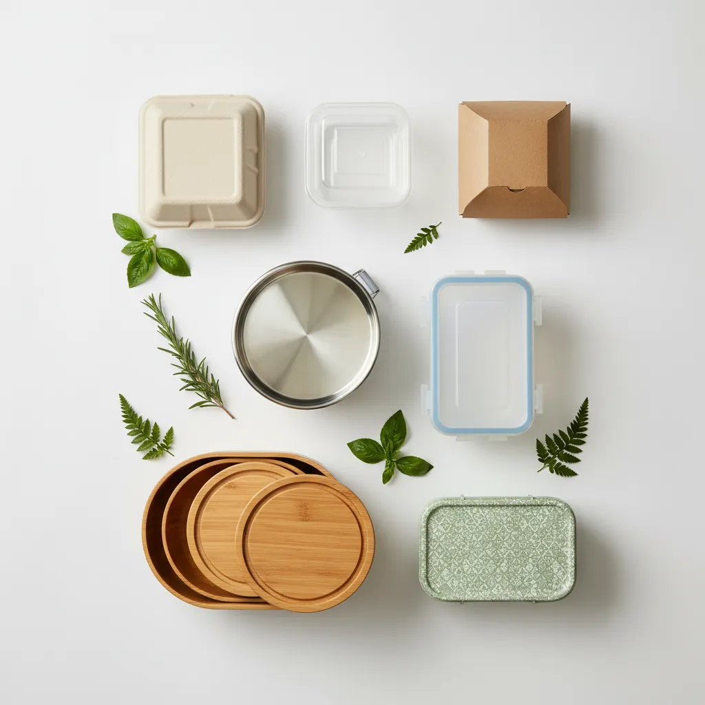 Comparison of sustainable food container materials including stainless steel, durable plastic, and plant-based options