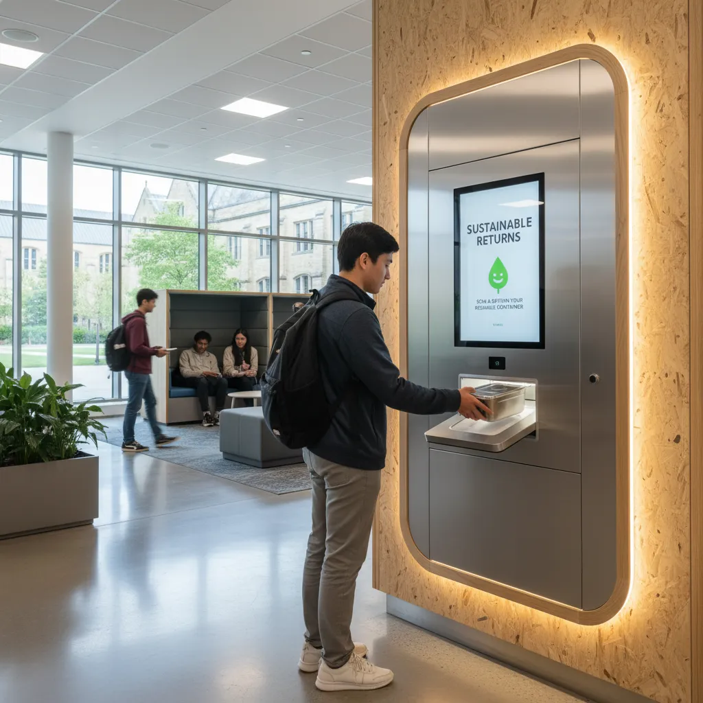 Smart return bin station at a university campus for reusable container collection
