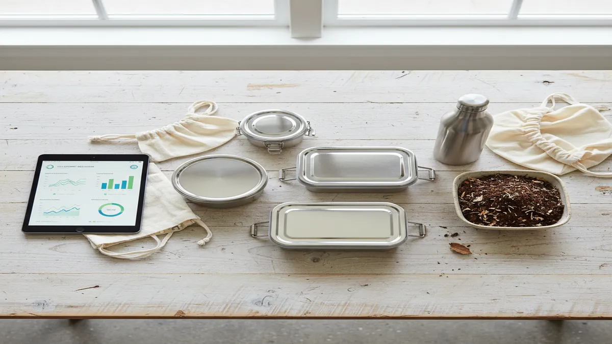 Overview of zero waste solutions including reusable containers, water stations, composting, and tracking technology