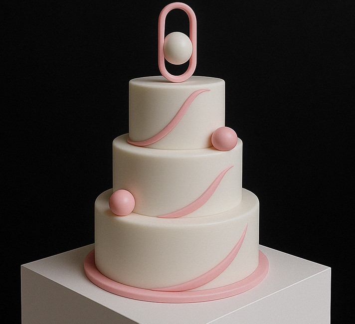 Three-tiered white cake with minimalist pink curved accents and spherical decorations on each tier, topped with a pink oval frame holding a white sphere.