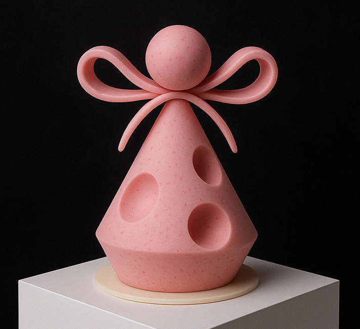 Pink geometric sculpture with a spherical top and looped ribbon detail on a white pedestal against a black background.