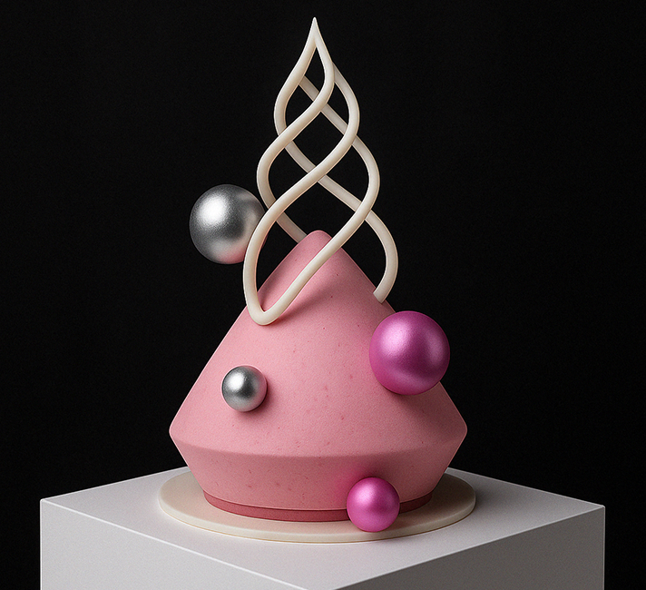 Modern pink geometric dessert decorated with metallic silver and pink spheres and white twisted chocolate strands on a white pedestal with black background.
