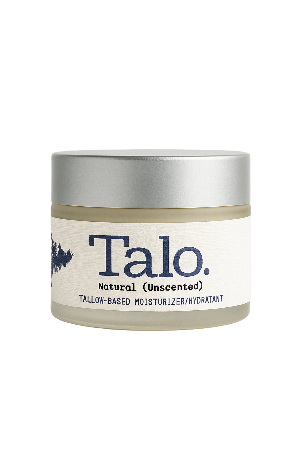 Jar of Talo Natural Unscented tallow-based moisturizer with a silver lid.