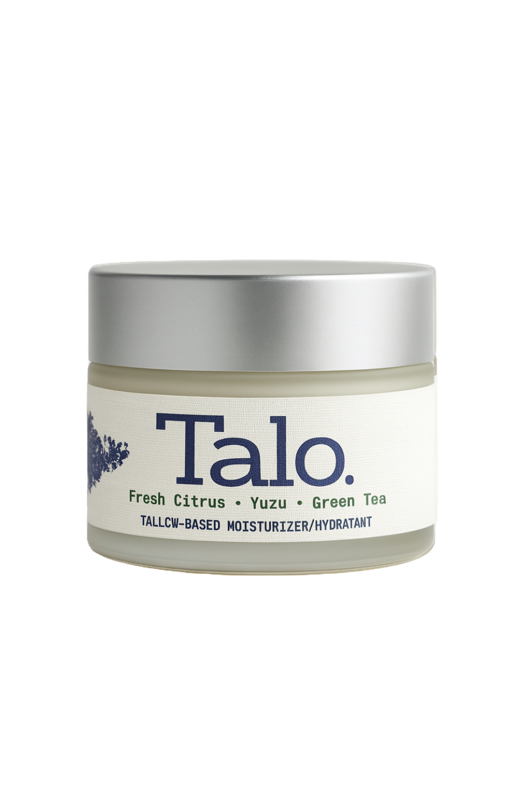 Jar of Talo moisturizer with fresh citrus, yuzu, and green tea, featuring a silver lid and white label.