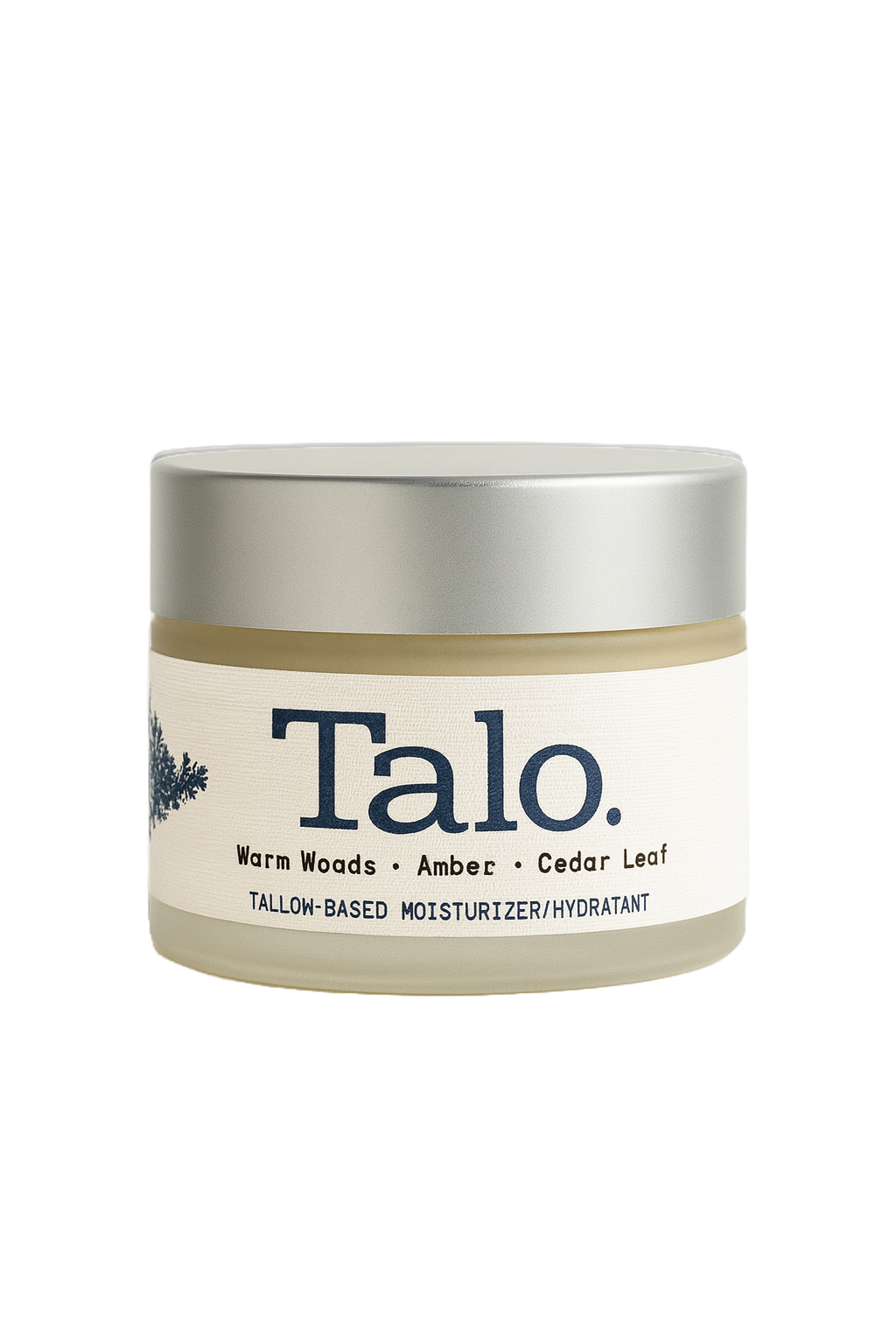 Jar of Talo tallow-based moisturizer with warm woods, amber, and cedar leaf scent.