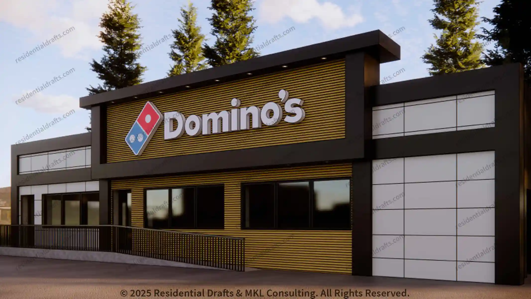 Commercial Facade Design for Domino's in Trenton, ON. Technical drafting paired with photorealistic renderings for design approval. Get your quote now!