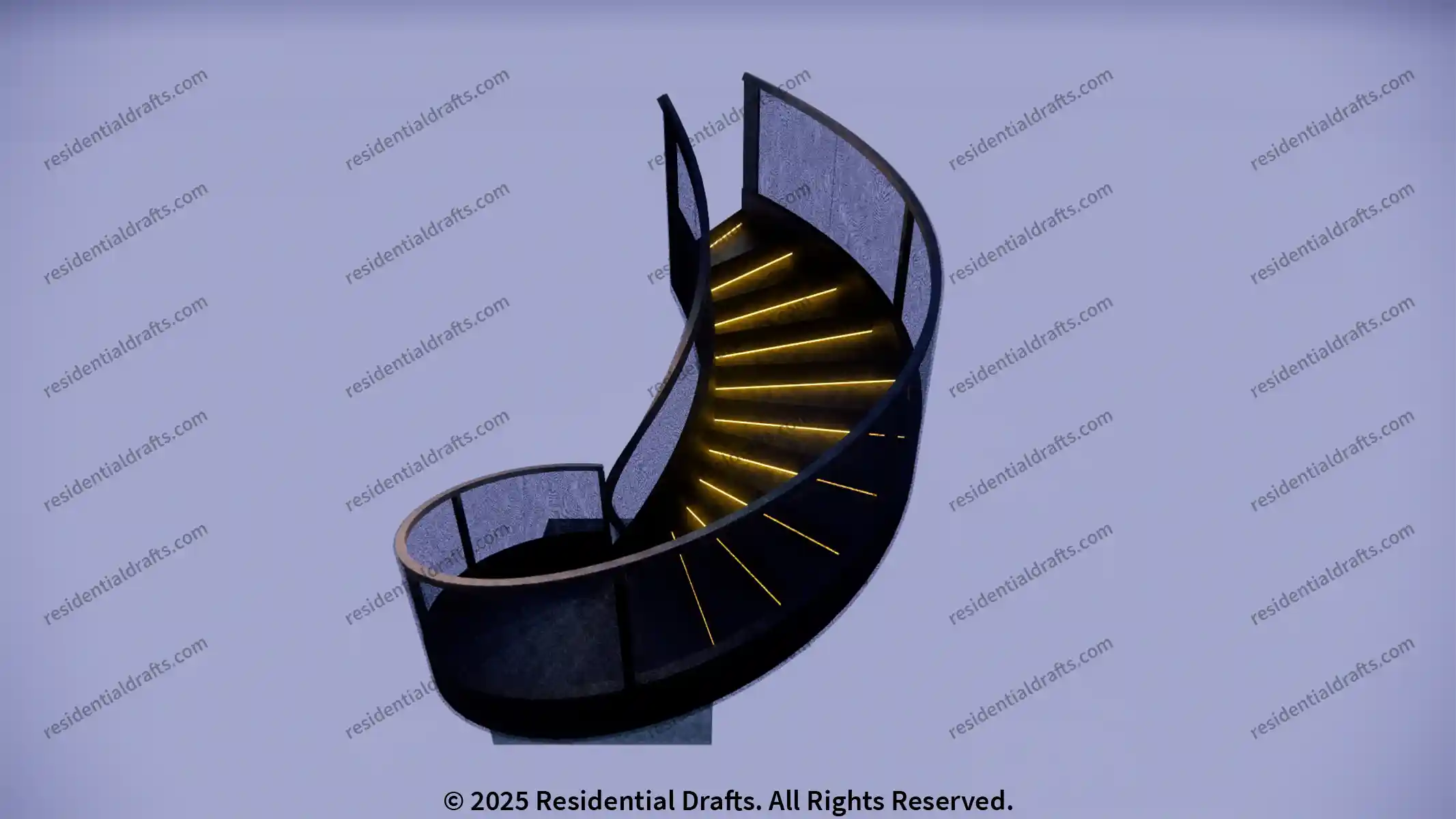 Custom helical staircase design, 3D modeled for structural integrity. Includes full engineering shop drawings for precise manufacturing and installation.