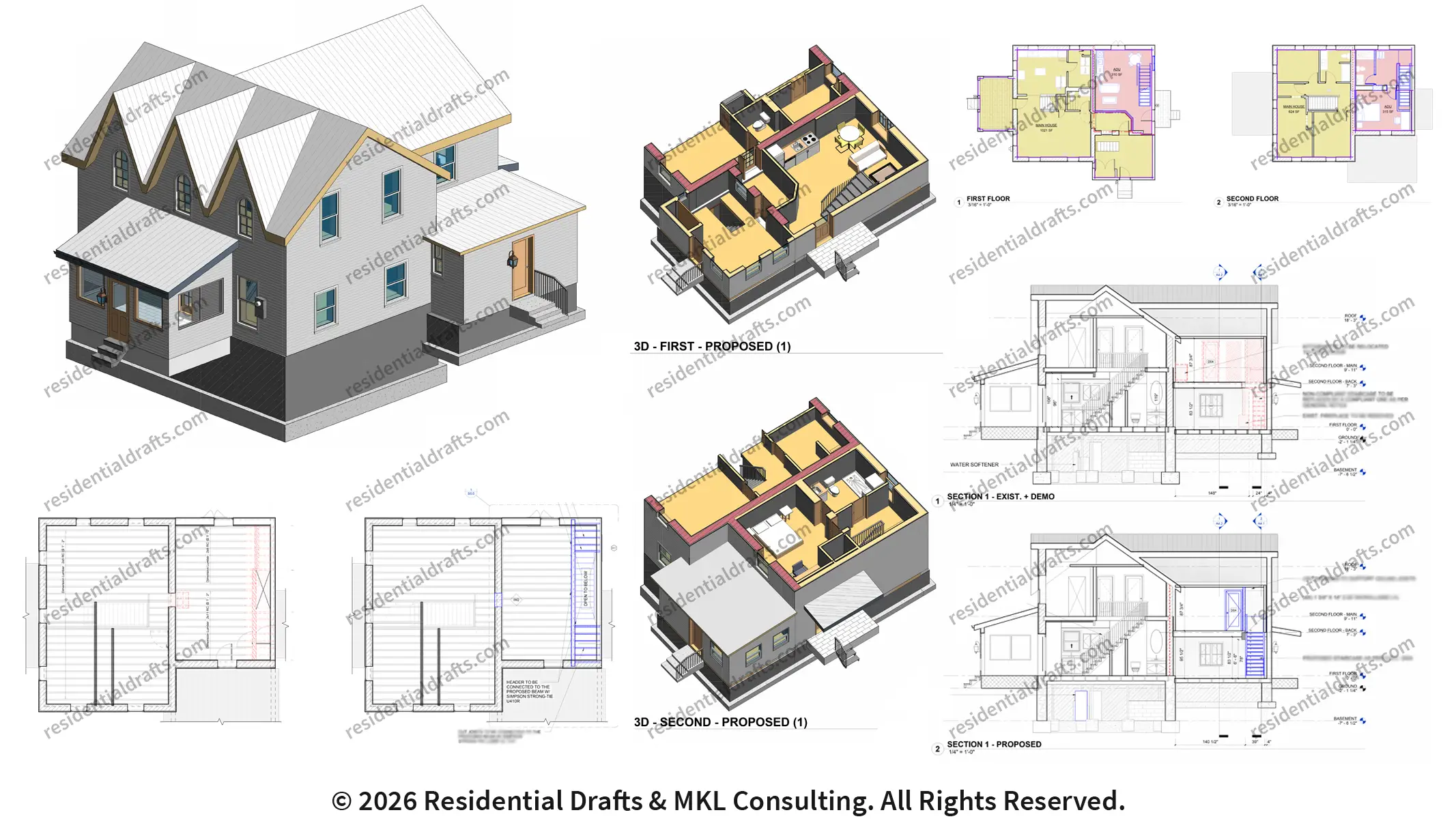 Two-Storey SDU Permit Package in Belleville, ON. Detailed floor plans and safe load-bearing wall removal structural drawings.