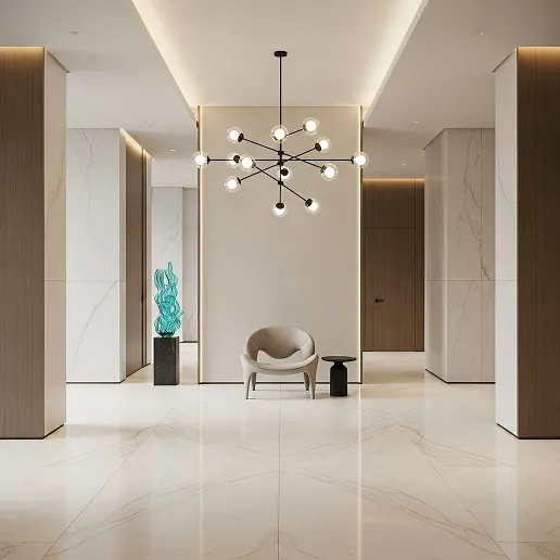 Hall de entrada minimalista de uma moradia de luxo em Vila Nova de Gaia, com pé-direito alto e chão em pedra natural.