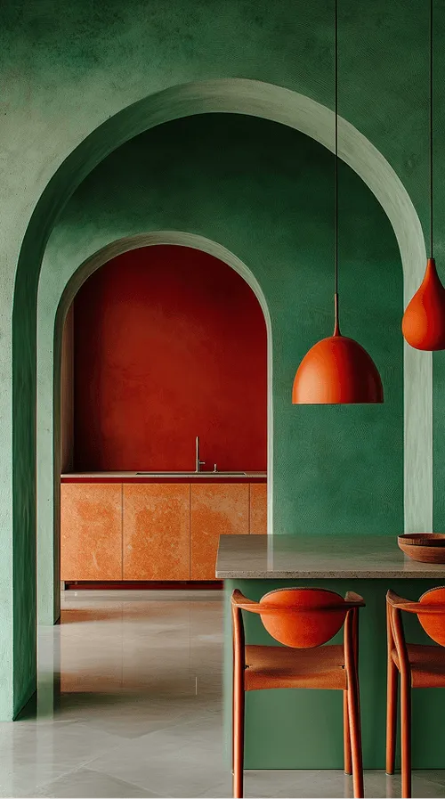 Interior de luxo no Porto por Santori Homes: hall de entrada com arco, parede verde esmeralda, porta em terracota e mobiliário minimalista.
