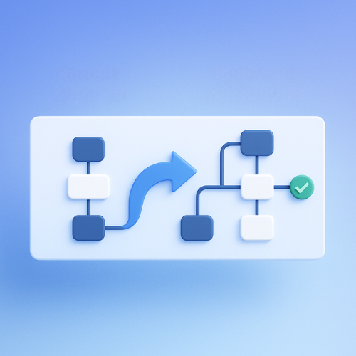 Diagram with blue and white blocks connected by lines and a blue arrow leading to a final step marked with a green checkmark.