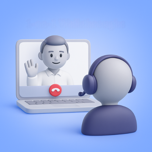 3D illustration of a person wearing a headset video calling another person waving on a laptop screen.