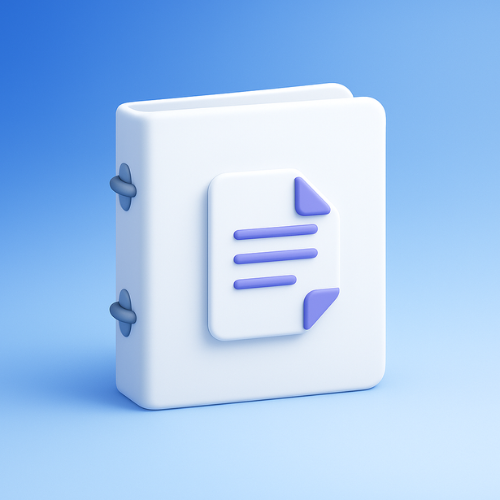 3D icon of a white binder with a document symbol featuring purple lines and folded corners on a blue gradient background.