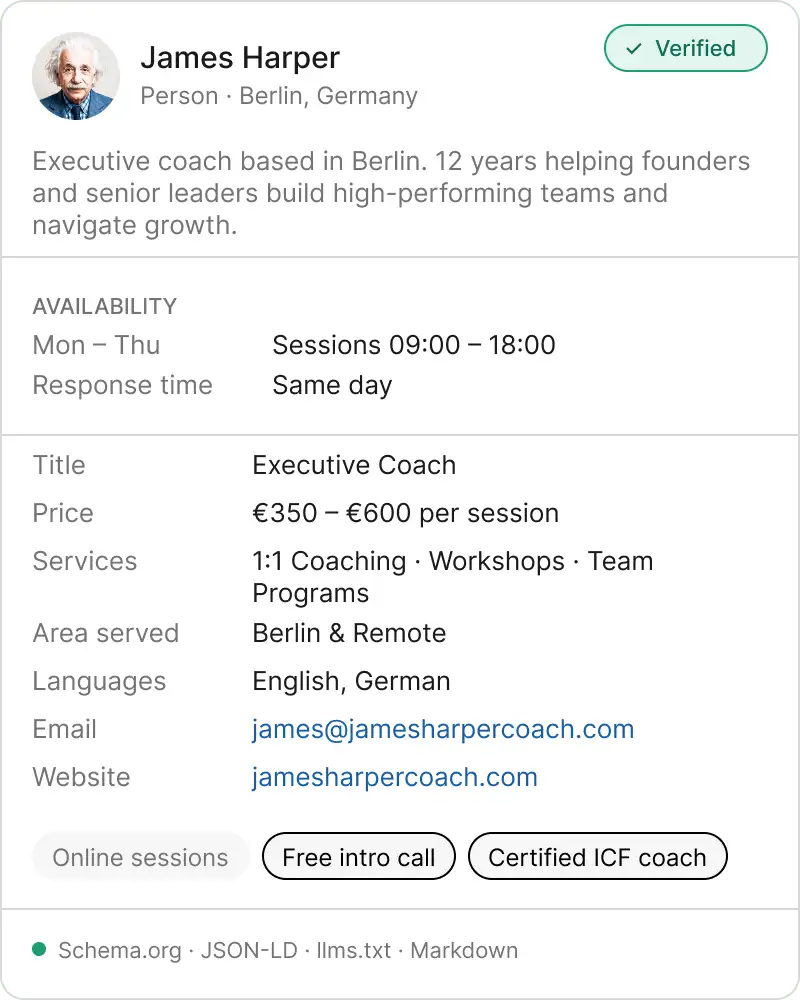 Aiprobase verified profile card for James Harper, an executive coach based in Berlin