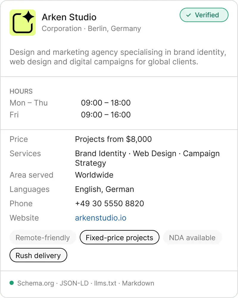 Aiprobase verified profile card for Arken Studio, a design and marketing agency based in Berlin