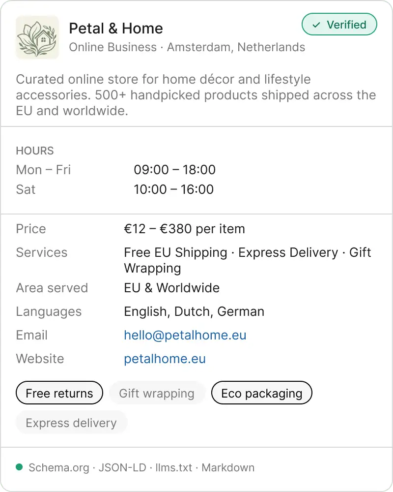 Aiprobase verified profile card for Petal & Home, an online home décor store based in Amsterdam