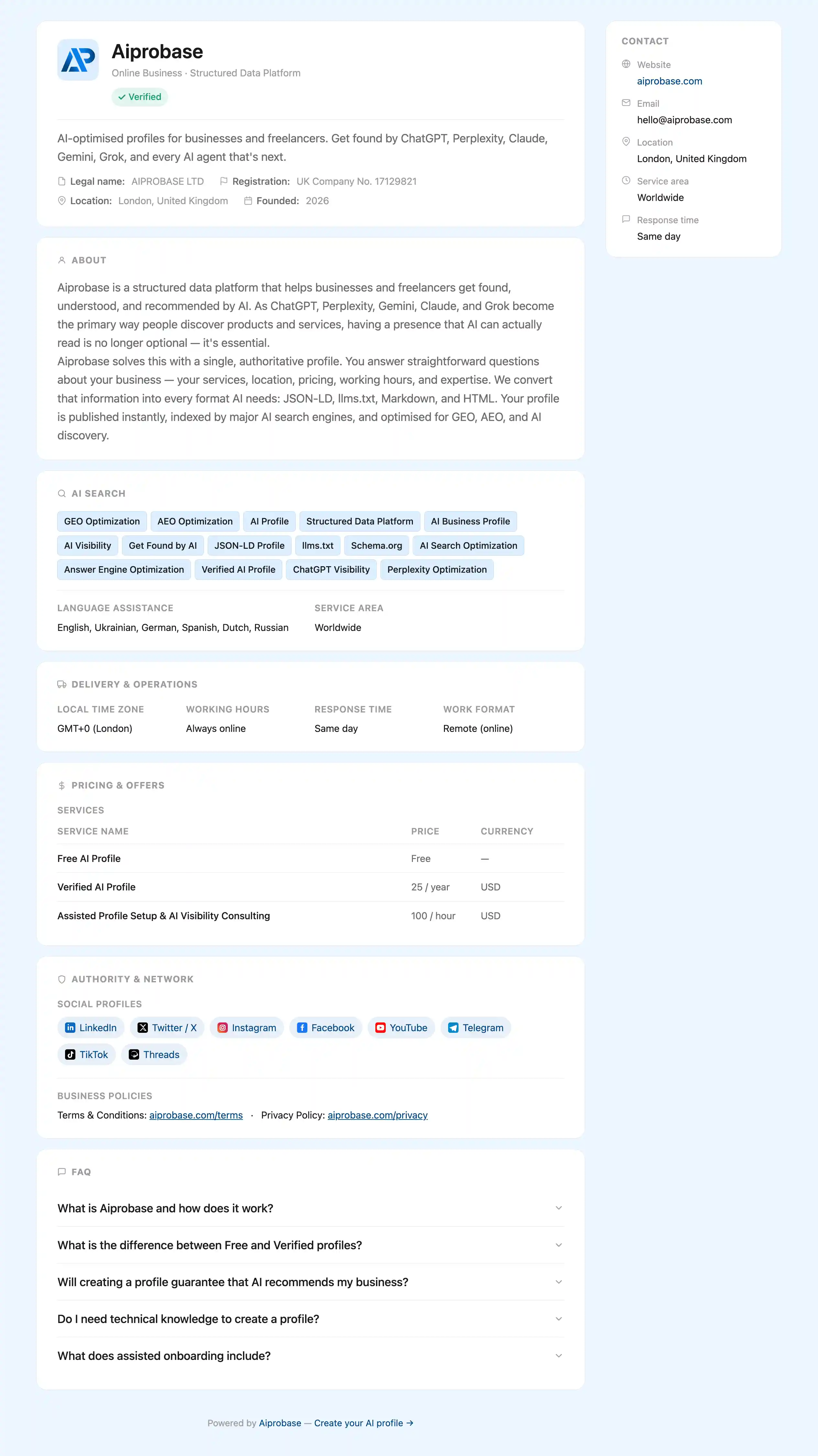 Example of a verified Aiprobase profile for Aiprobase Ltd showing AI search keywords, pricing, delivery details, authority signals, and FAQ sections