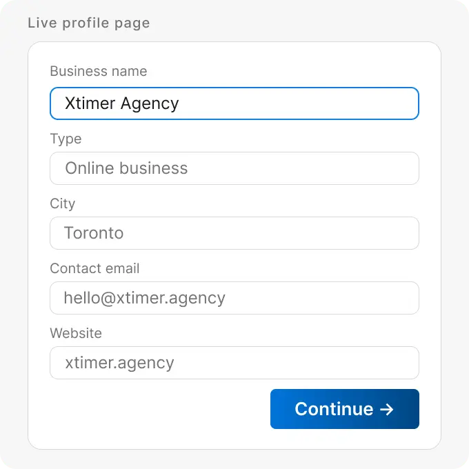 Aiprobase profile creation form with business name, type, city, contact email and website fields