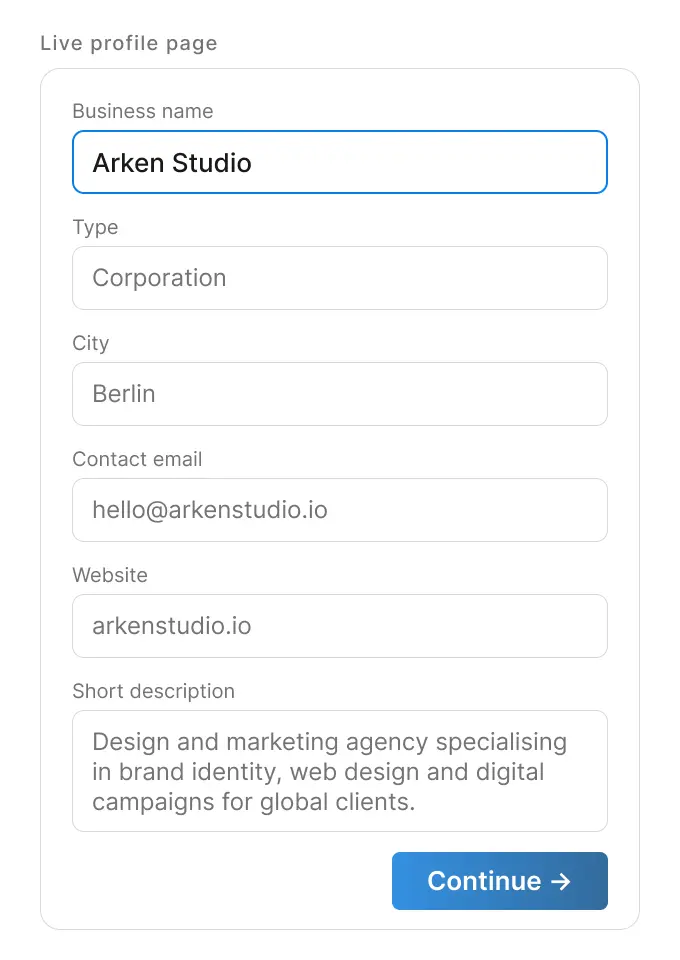 Aiprobase profile creation form with fields for business name, type, city, and description