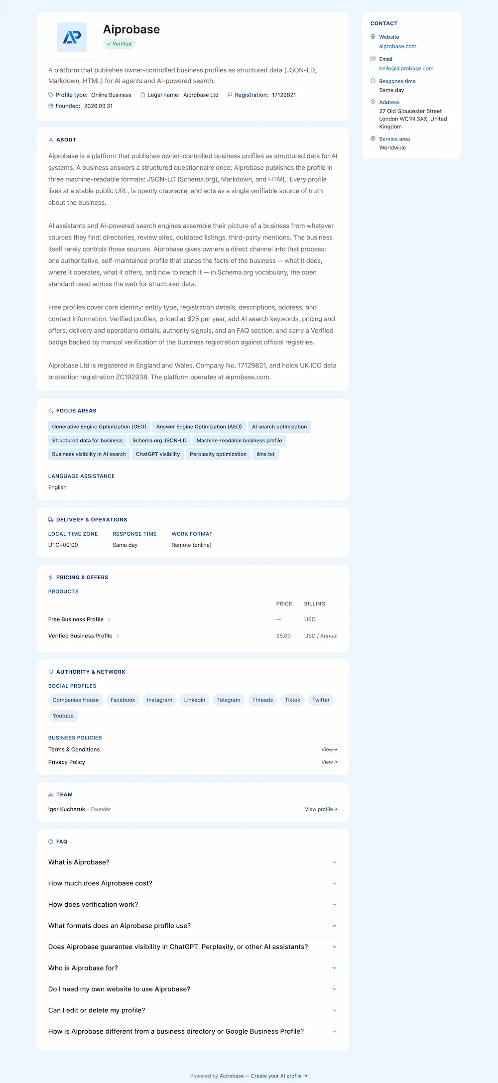 Example of a verified Aiprobase profile for Aiprobase Ltd showing AI search keywords, pricing, delivery details, authority signals, and FAQ sections