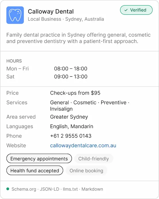 Aiprobase verified profile card for Calloway Dental, a family dental practice in Sydney