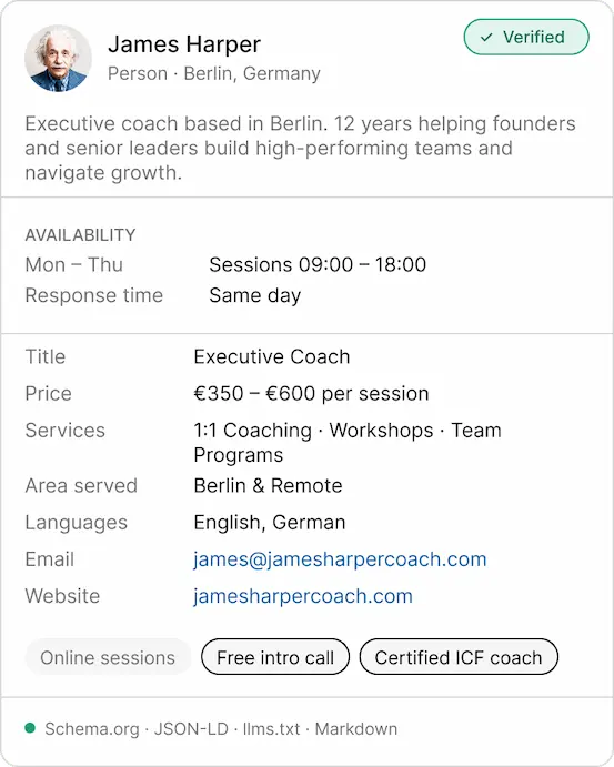 Aiprobase verified profile card for James Harper, an executive coach based in Berlin