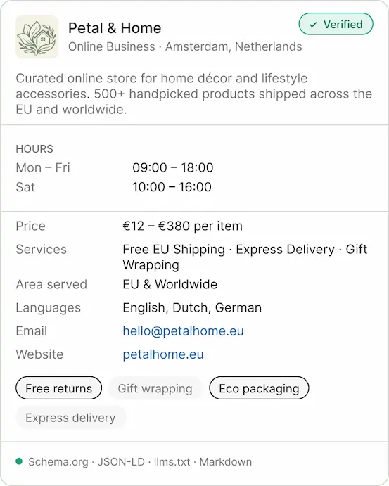 Aiprobase verified profile card for Petal & Home, an online home décor store based in Amsterdam
