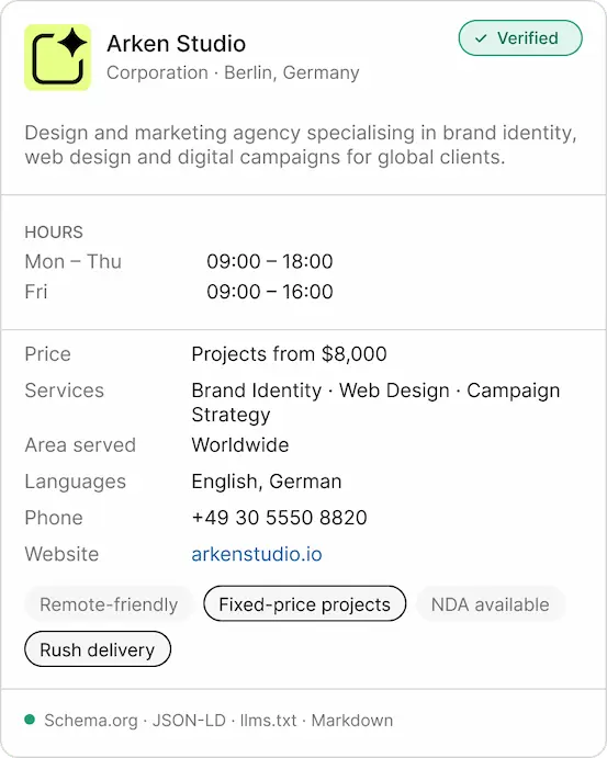 Aiprobase verified profile card for Arken Studio, a design and marketing agency based in Berlin