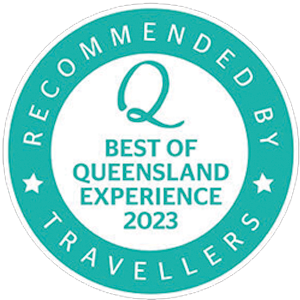 Award badge reading 'Recommended by Travellers, Best of Queensland Experience 2023' with a stylized Q in the center.