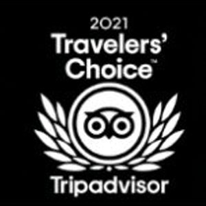 2021 Travelers’ Choice award badge by Tripadvisor featuring the Tripadvisor owl logo with laurel leaves.