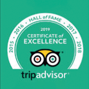 Tripadvisor 2019 Certificate of Excellence with Hall of Fame years 2015 to 2018 on green background.