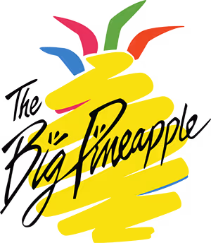 Stylized yellow pineapple with colorful leaves and black cursive text reading The Big Pineapple.