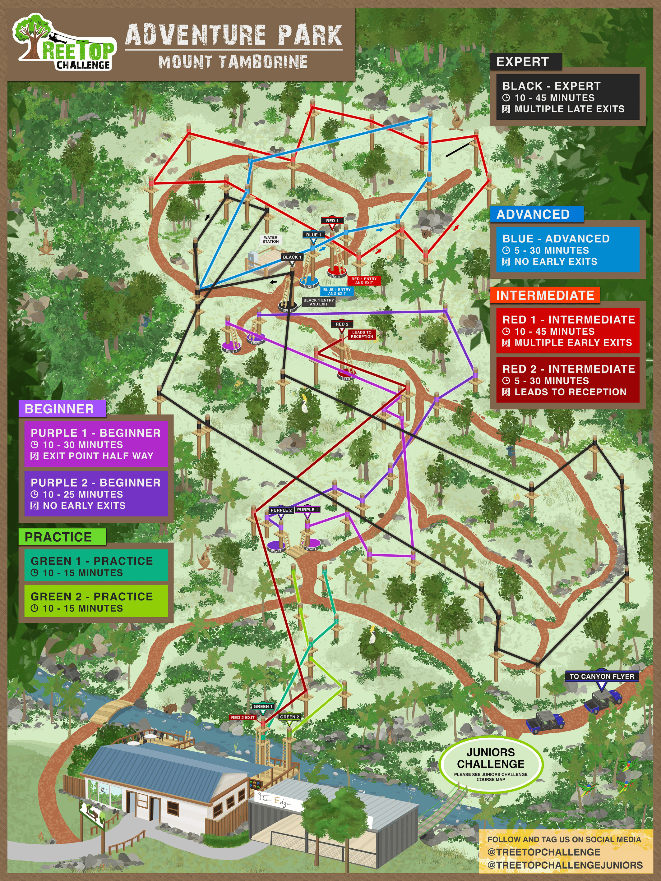 Color-coded adventure park course map for Treetop Challenge Mount Tamborine, showing paths for expert (black), advanced (blue), intermediate (red), beginner (purple), and practice (green) levels, with key points like water station, start/finish platforms, and social media tags.