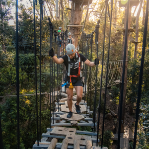 Person wearing harness crossing a suspension bridge at our Sunshine Coast TreeTop Challenge