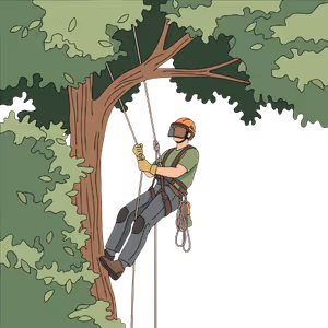 Person wearing safety gear climbing a tree using ropes.