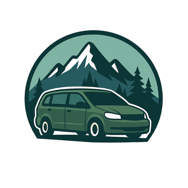 Illustration of a green SUV in front of a mountain range with pine trees within a circular frame.