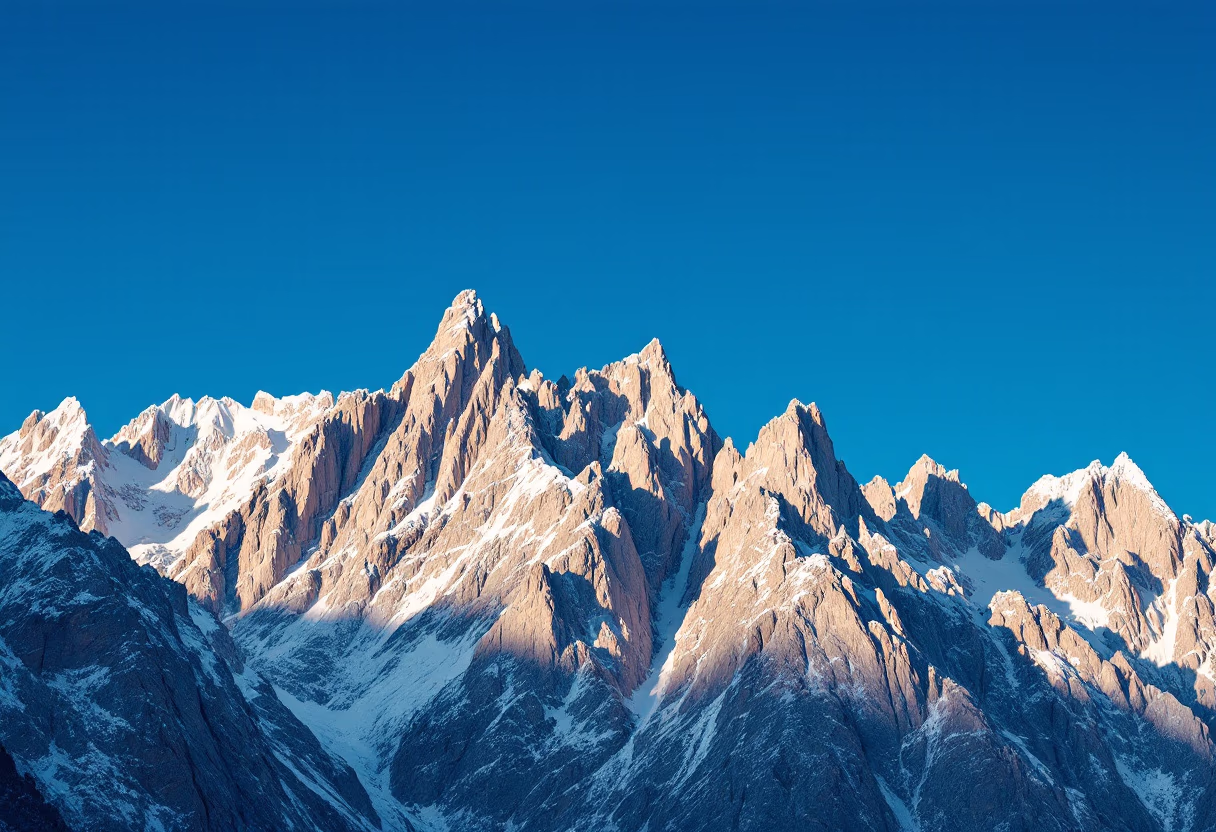 Snow-covered jagged mountain peaks under a clear blue sky.