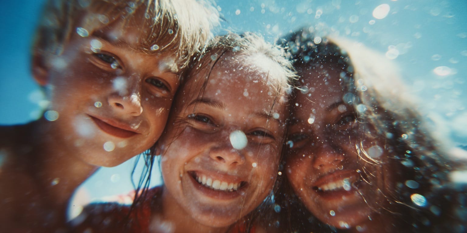 Three smiling people underwater with bubbles floating around them on a sunny day.