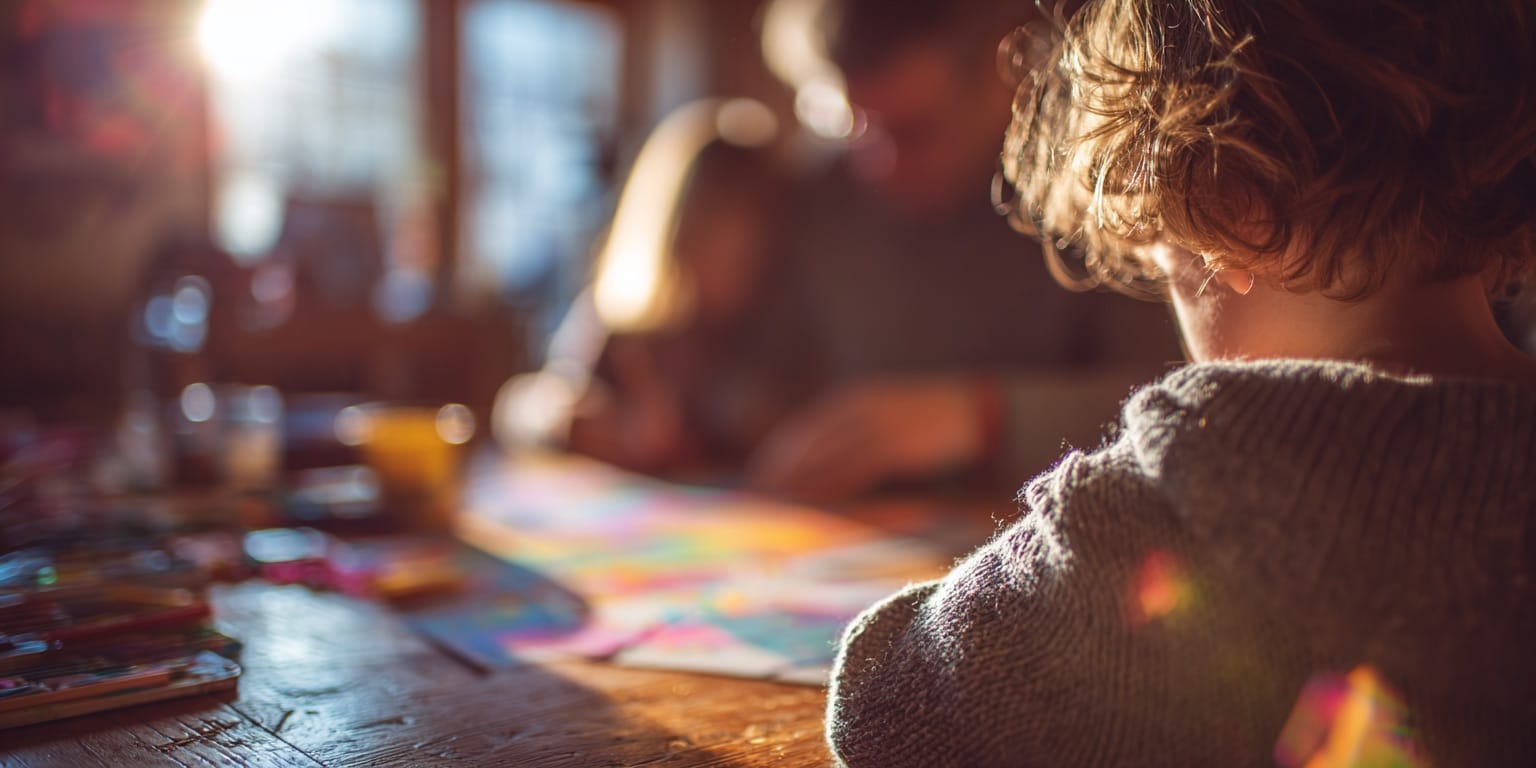 Child with curly hair focused on colorful crafting project at a sunlit wooden table.