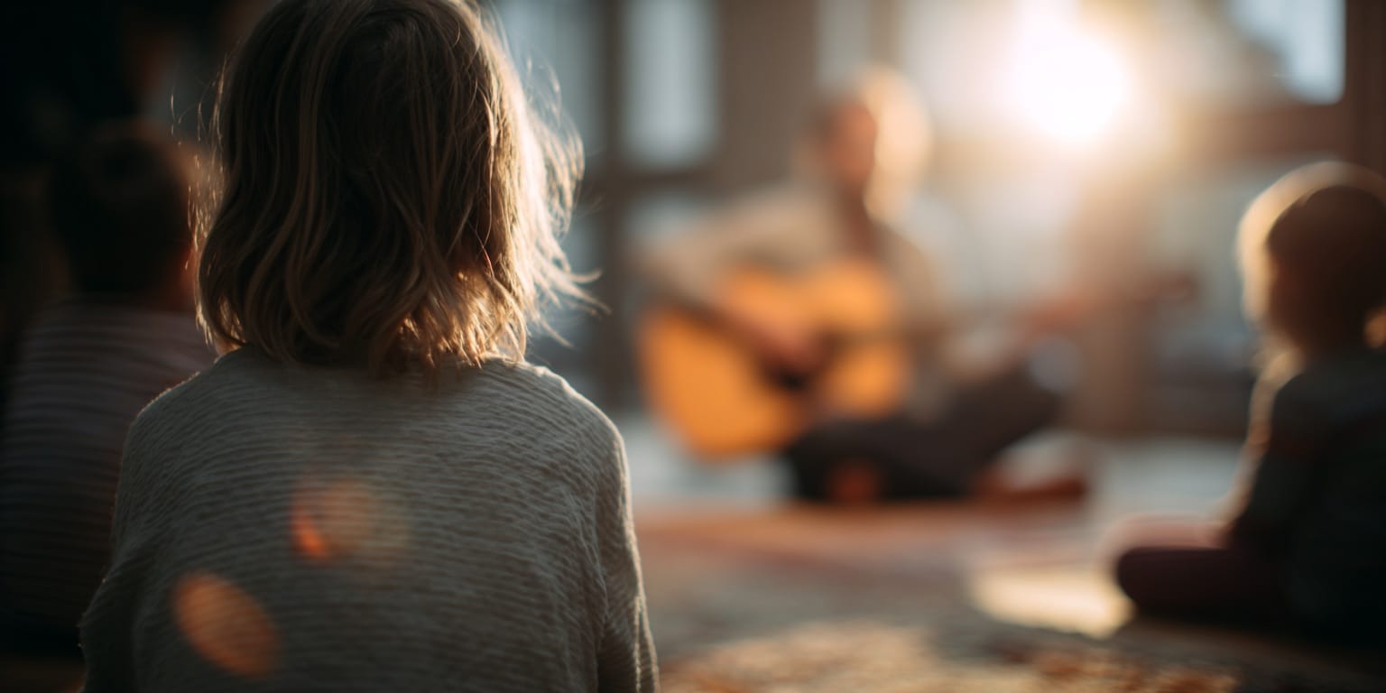Children sitting and listening to a person playing an acoustic guitar in a softly lit room.