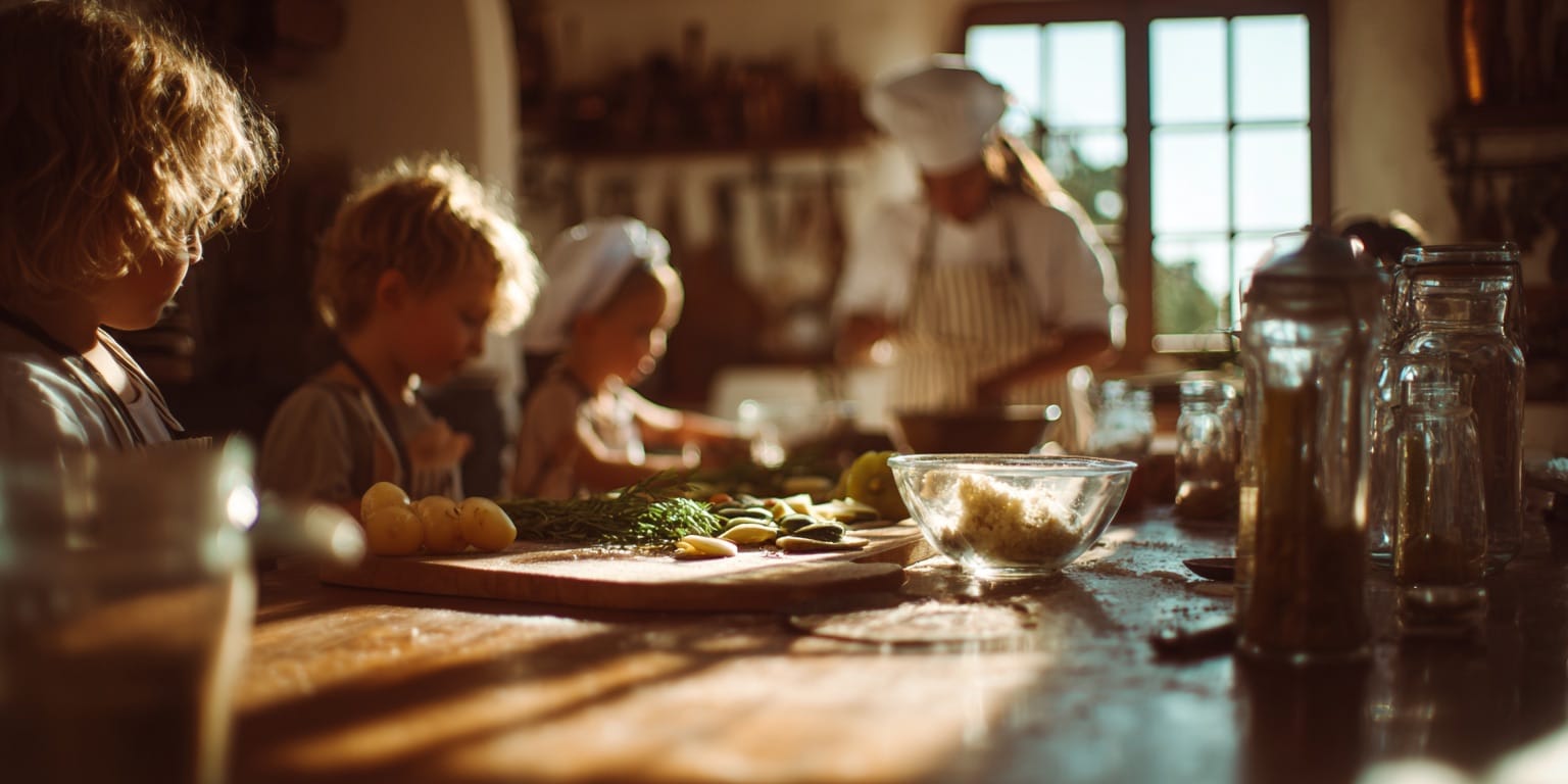 Children watching a chef prepare food in a sunlit kitchen with herbs and ingredients on the wooden table.