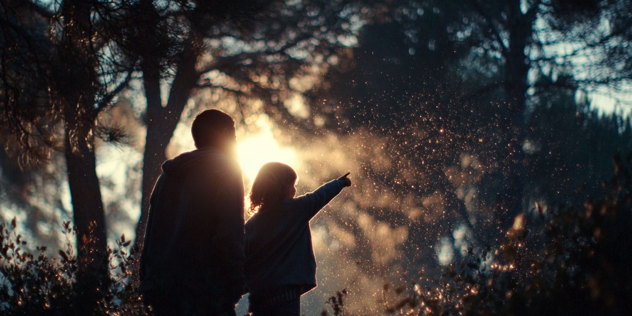 Silhouettes of a man and child in a forest at sunset with the child pointing toward glowing particles in the air.