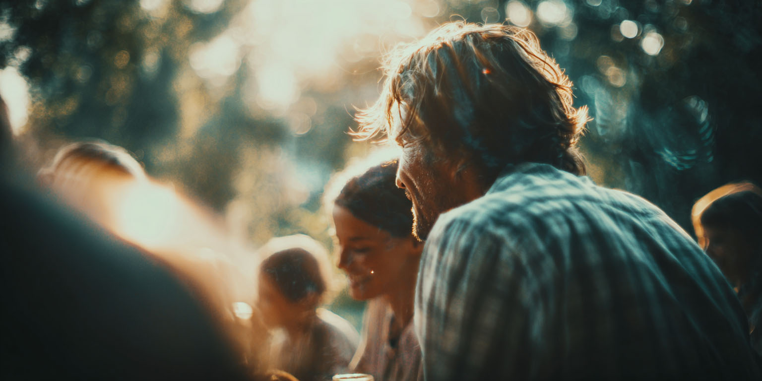 Group of people socializing outdoors in warm sunlight with blurred background.