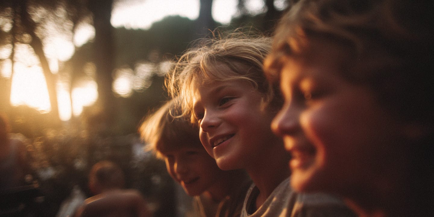 Three children smiling and looking towards the left in warm sunlight outdoors.