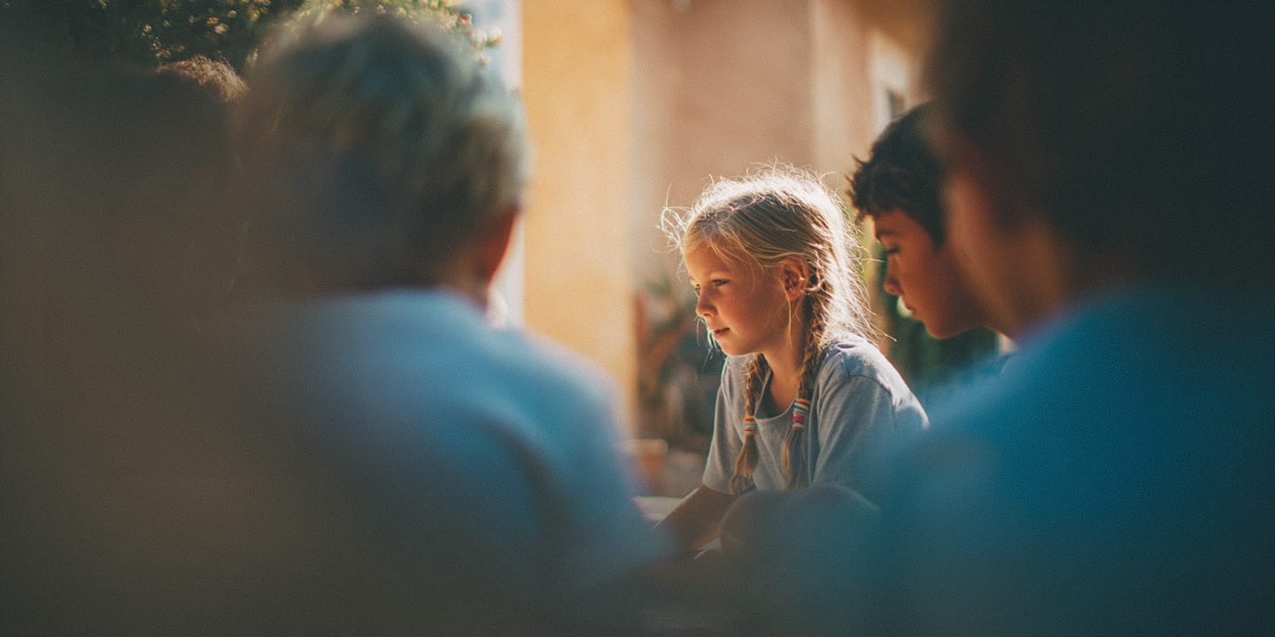 Young girl with braided hair sitting and looking thoughtfully, surrounded by blurred figures of other children.