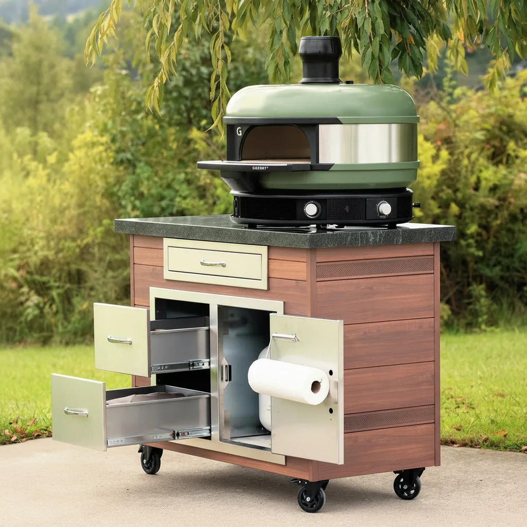 a pizza oven on a cart with trees and grass in the background